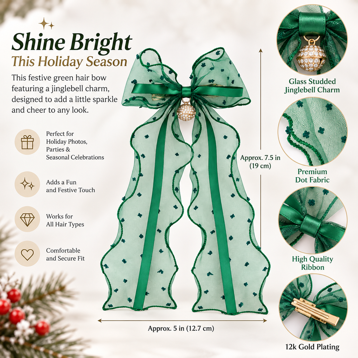 Green Sheer Hair Bow Clip with Jingle Bell Charm