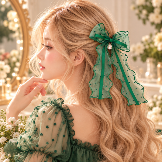 Green Sheer Hair Bow Clip with Jingle Bell Charm