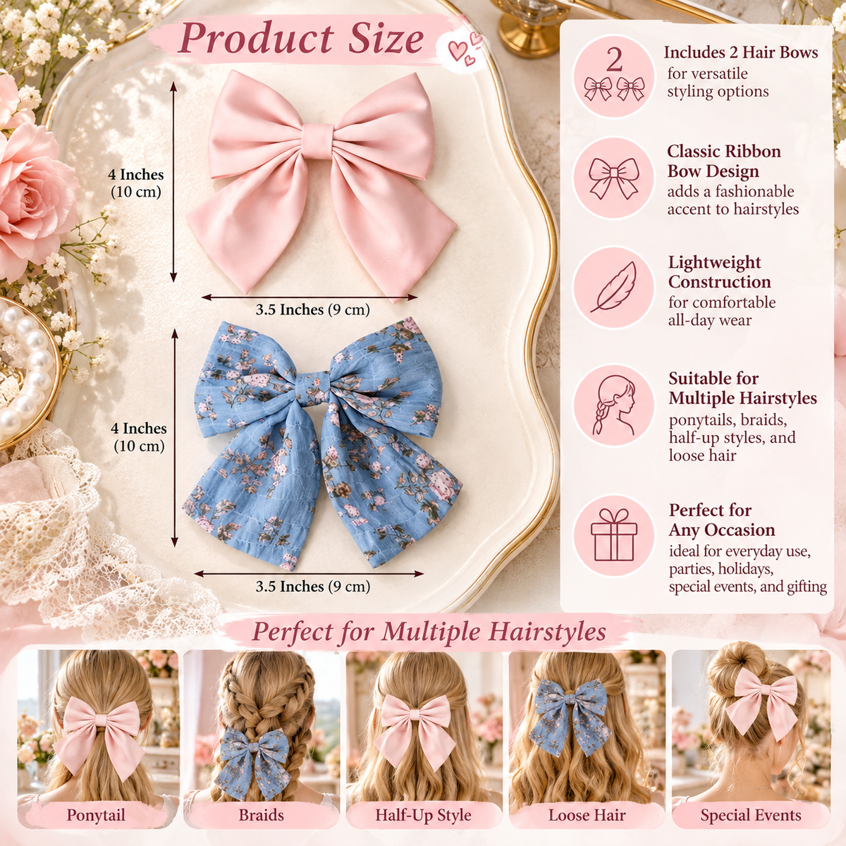 2-Pack Pink Satin Hair Bows