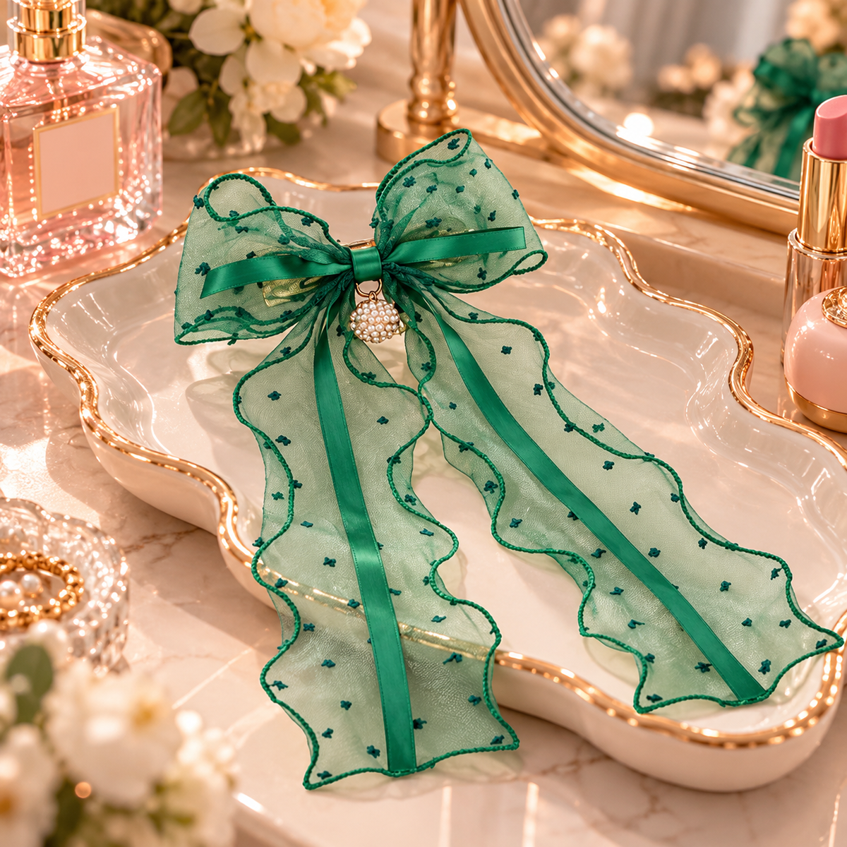 Green Sheer Hair Bow Clip with Jingle Bell Charm