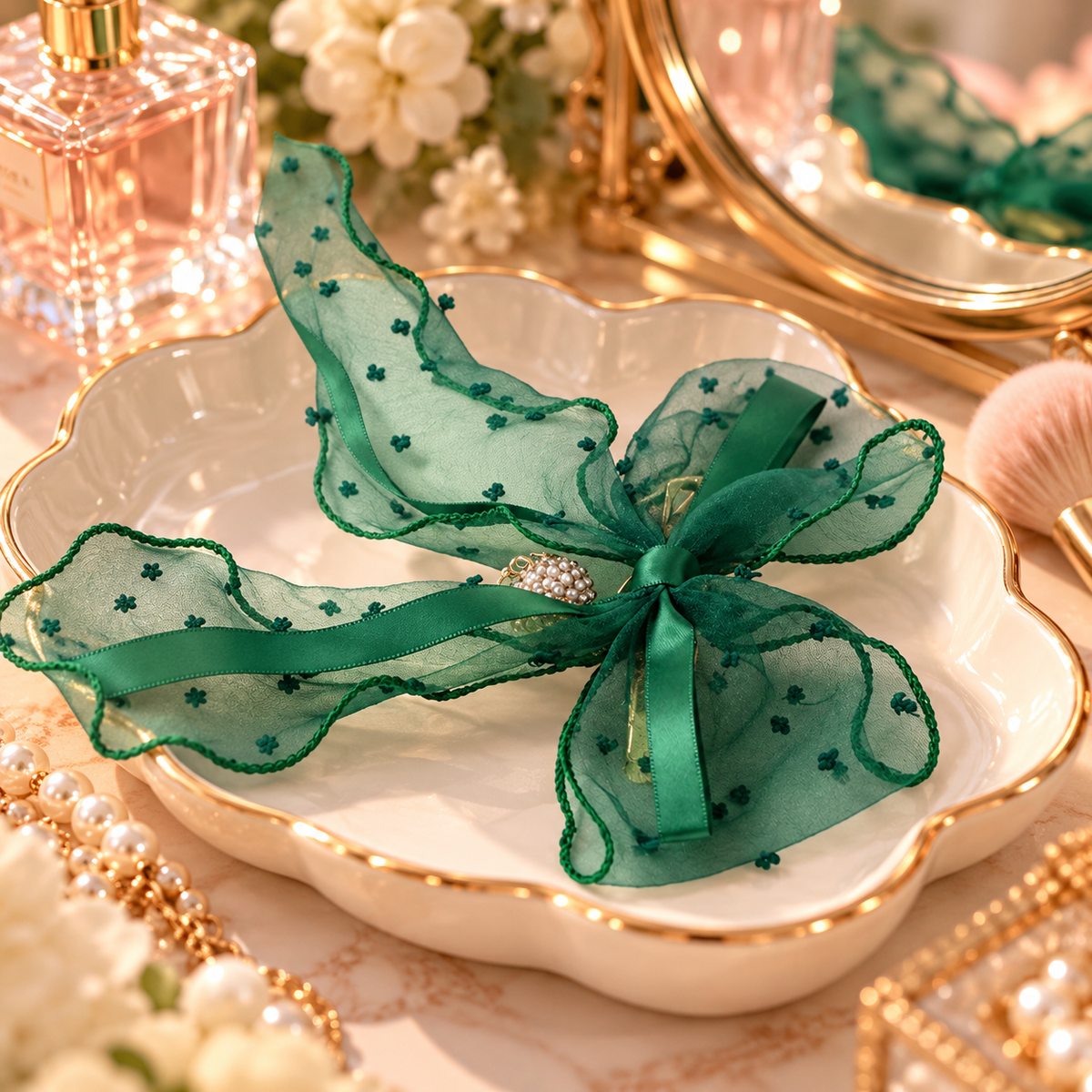 Green Sheer Hair Bow Clip with Jingle Bell Charm