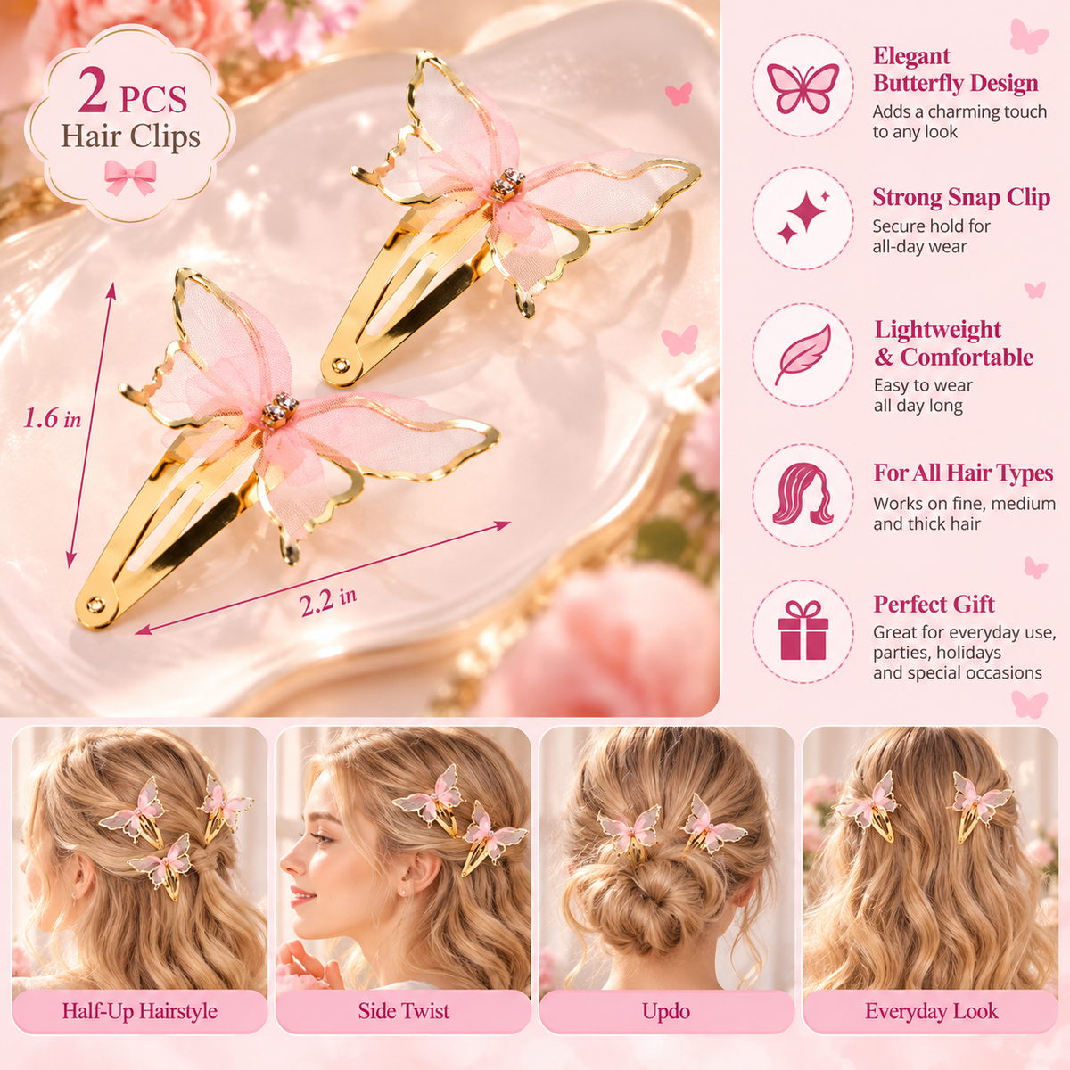 Pink Butterfly Hair Clips Set of 2